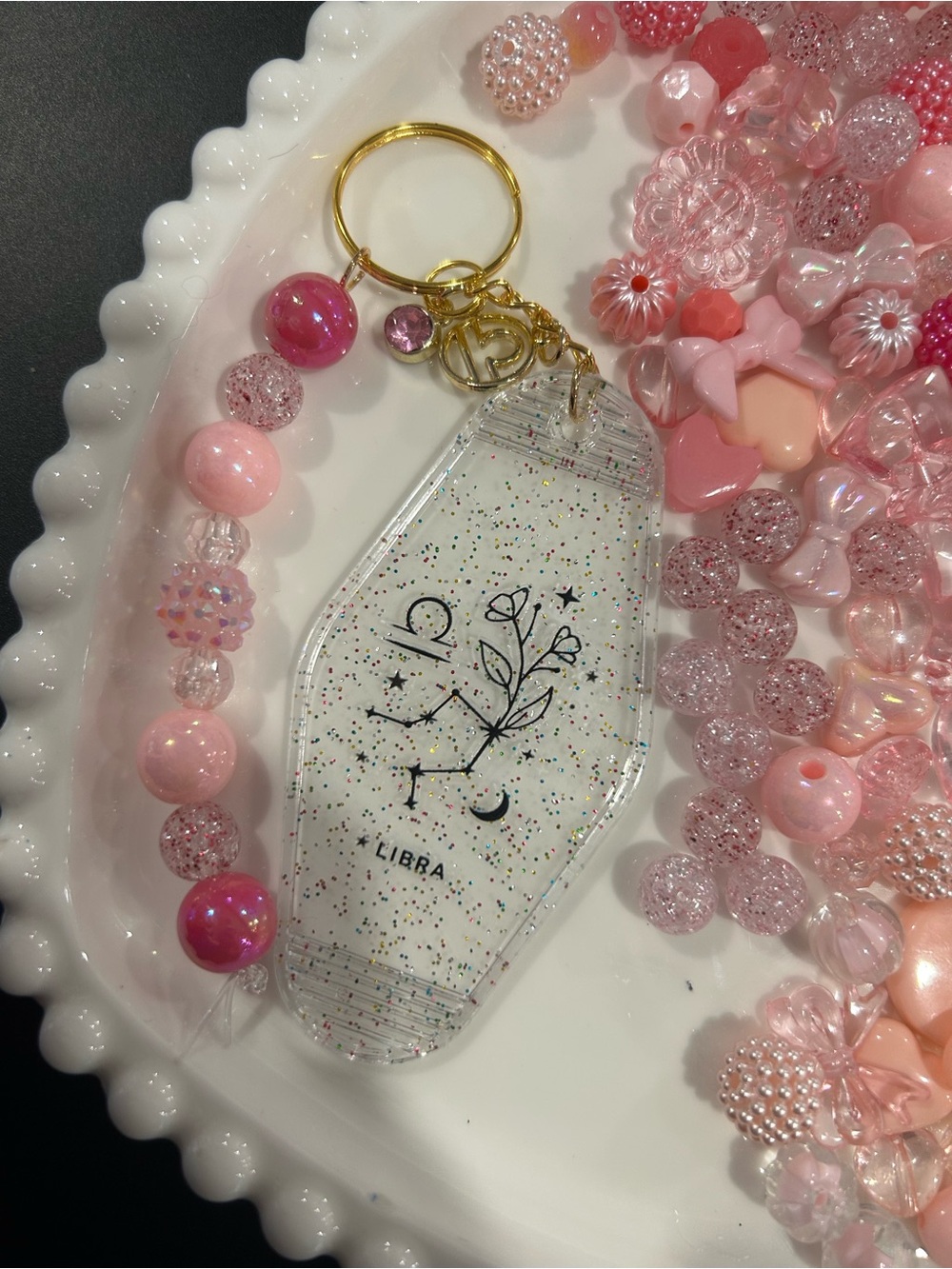 Libra Zodiac Keychain Wristlet - Pink Glitter Beaded Accent